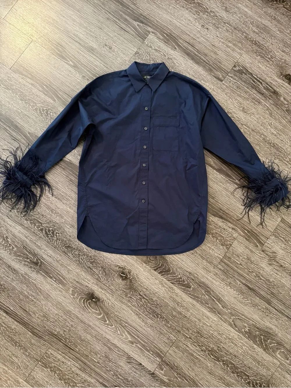 J. Crew Collection Poplin Navy Blue Feather Button Up